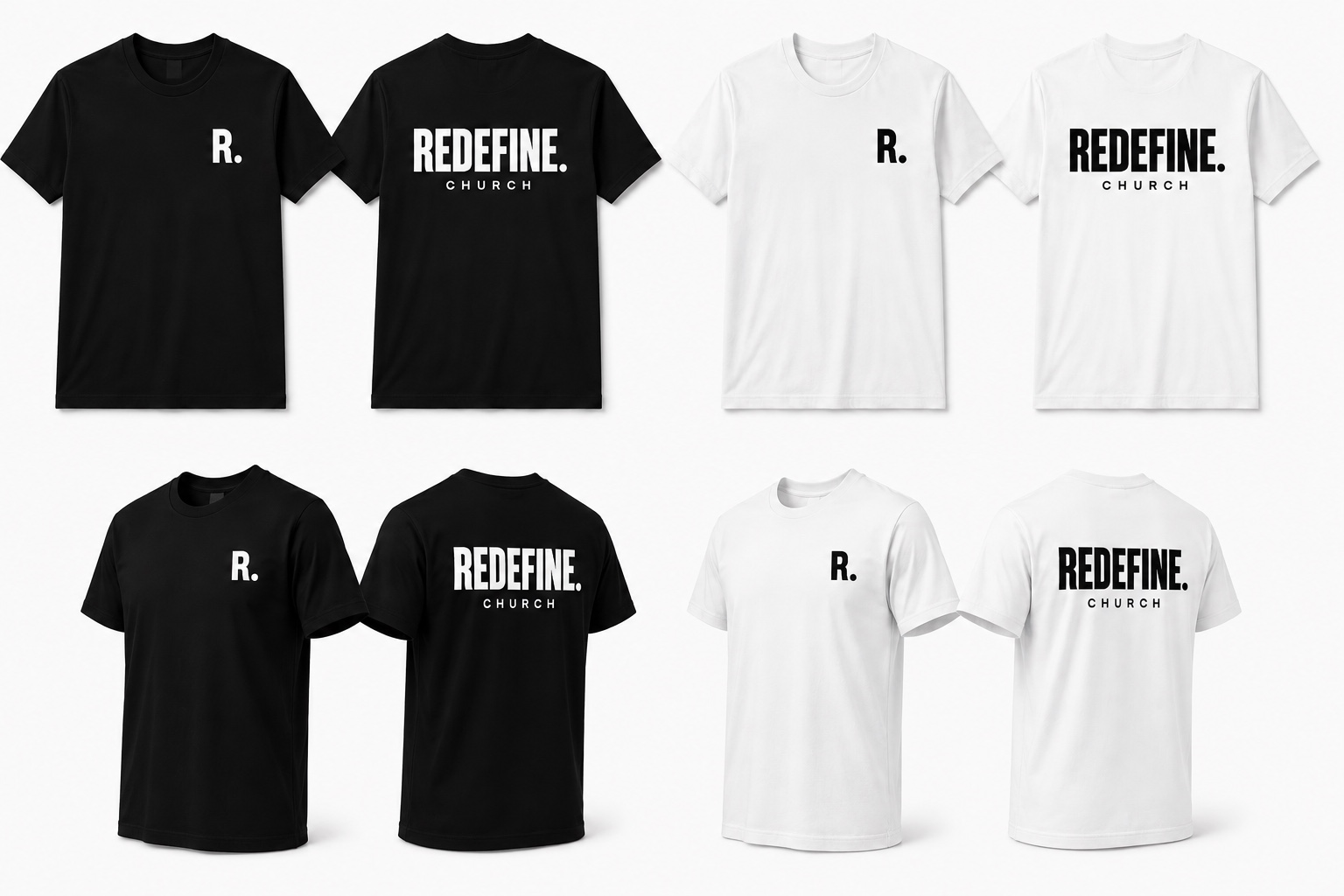 Black and white T-shirt designs with an R. front mark and REDEFINE. CHURCH back print