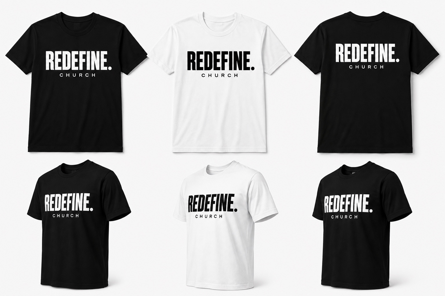 REDEFINE. CHURCH logo T-shirt designs in black and white